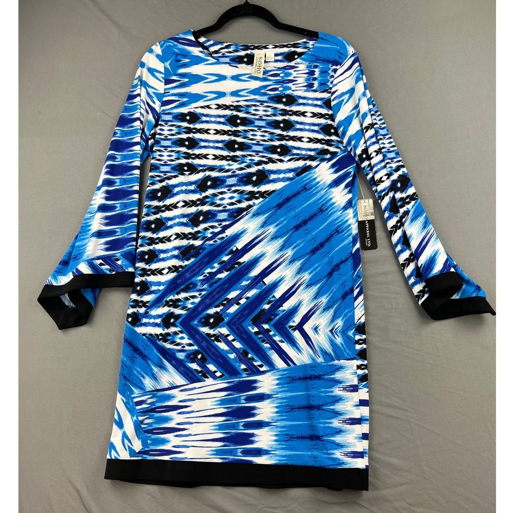 Soho Apparel Ltd. Ikat Shift Dress Womens Size S Blue Geometric Long Sleeve NWT